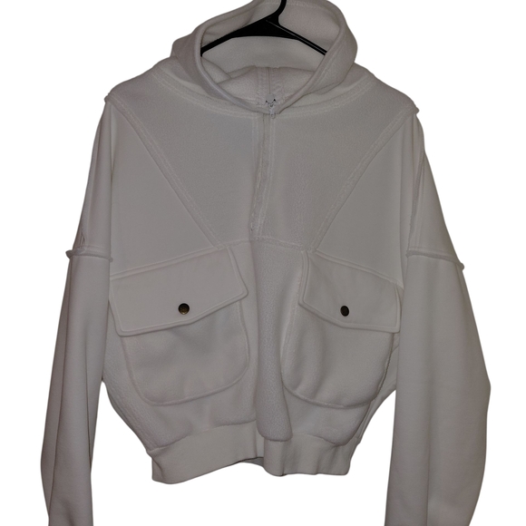 AEMI + CO White Hooded Cropped Pullover with Front Pockets - Picture 1 of 7